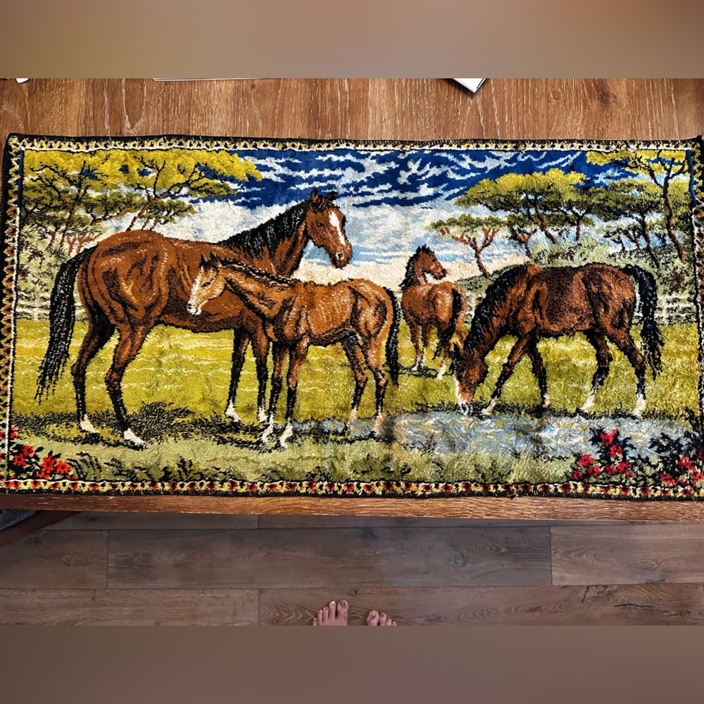 Vintage ITALIAN Velvet WILD HORSES Equine WALL Hanging TAPESTRY Rug MCM Italy